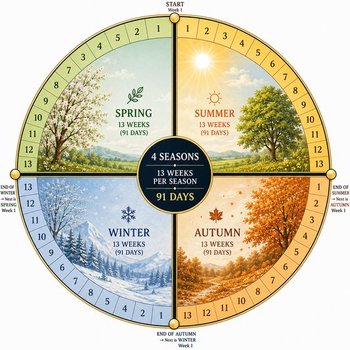 Four-season 91-day clearing cycle: 13 weeks per season, 4 seasons per 364-day year