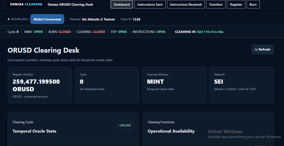 Osnias Clearing Desk — interfaz testnet end-user