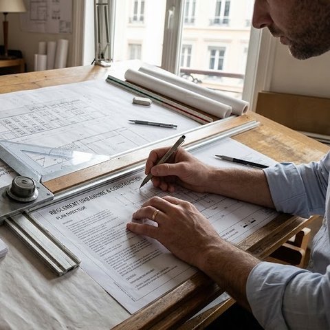 Plans, règle et recueil de règles de construction sur une table à dessin — illustration des règles de clearing / Drawings, ruler and building rules on a drafting table — illustrating the clearing rules