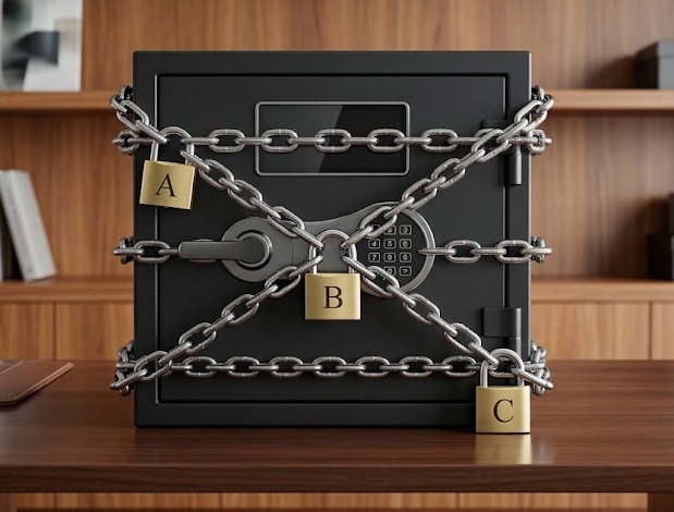 Coffre-fort protégé par trois cadenas représentant les trois domaines de sécurité indépendants A, B et C